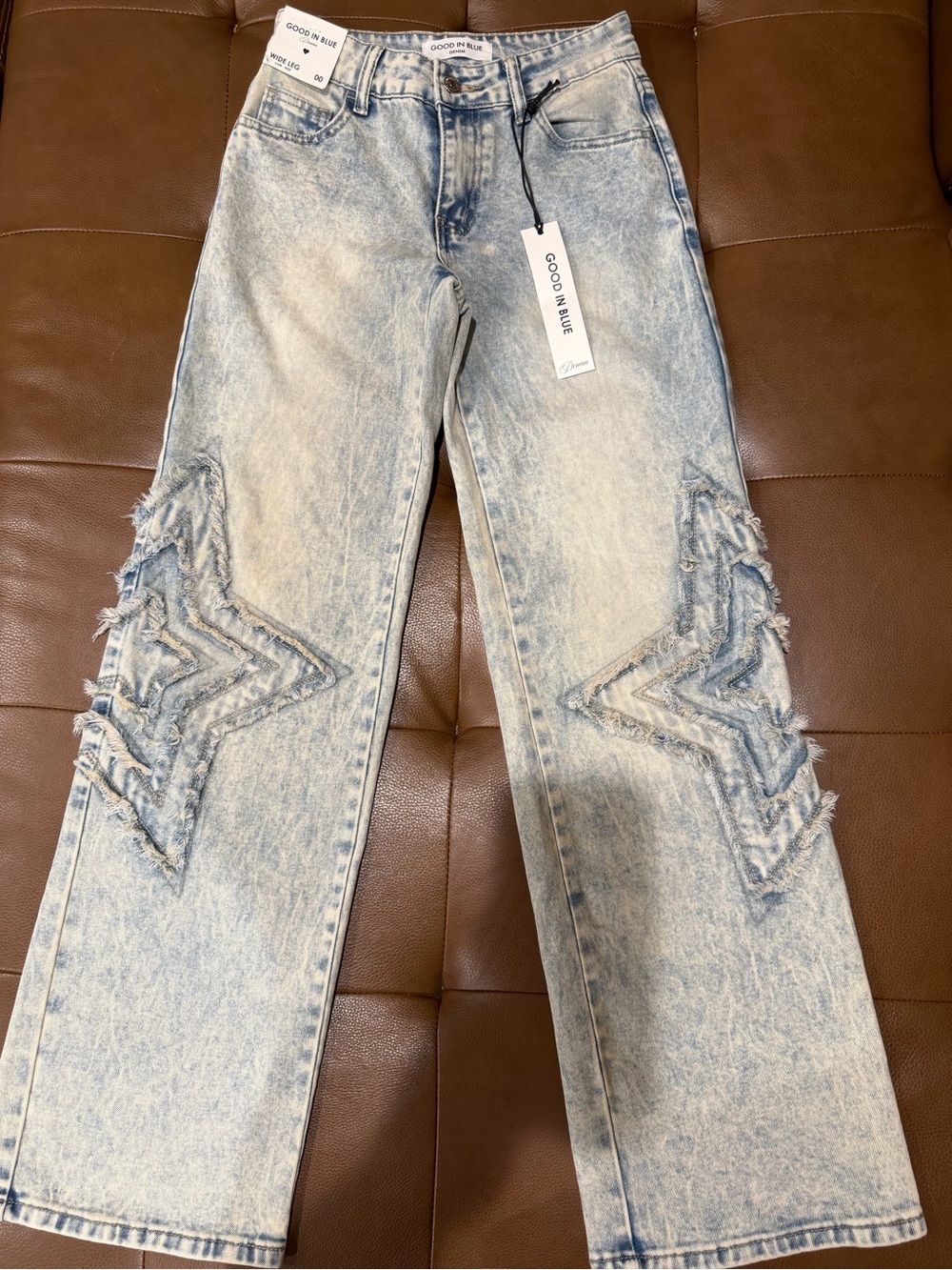 Good in Blue Women's Wide-Leg Jeans Low Rise Acid Wash Distressed Denim Size 00
